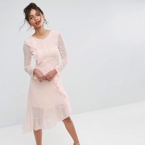 Pink ruffle front midi dress